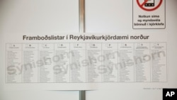 A sample of the ballot paper is displayed for information to the people voting in Reykjavik North on display in one of the polling stations during a general election in Reykjavik, Iceland, Saturday Oct. 28, 2017. 