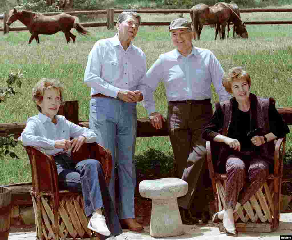 Former Soviet leader Mikhail Gorbachev and his wife Raisa with former U.S. President Ronald Reagan and his wife Nancy, at the Reagan ranch near Santa Barbara, California, May 3, 1992.