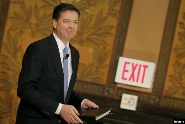 FILE - FBI Director James Comey arrives to deliver a speech at the Master of Science in Foreign Service CyberProject's sixth annual conference at Georgetown University in Washington D.C., April 26, 2016.