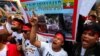 Protesters shout slogans during a demonstration to mark the second anniversary of Myanmar's 2021 military coup, outside the Embassy of Myanmar in Bangkok, Thailand, Feb. 1, 2023. 