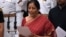 India's ruling Bharatiya Janata Party (BJP) politician and member of parliament Nirmala Sitharaman takes the oath during the swearing-in ceremony of new ministers at the Presidential Palace in New Delhi, Sept. 3, 2017.