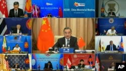 In this image taken from video provided by VTV, Chinese Foreign Minister Wang Yi speaks during an online meeting with ASEAN foreign ministers, Sept. 9, 2020.