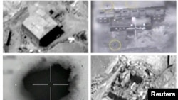 A combination image shows screen grabs taken from video material released March 21, 2018, which the Israeli military describes as an Israeli air strike on a suspected Syrian nuclear reactor site near Deir al-Zor, Sept 6, 2007. Top row: The site before the attack, left, yellow circles depicting bombs during the airstrike on the site, right. Bottom row: An explosion during the airstrike on the site, left, debris seen on the site after the attack, right.