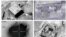 A combination image shows screen grabs taken from video material released March 21, 2018, which the Israeli military describes as an Israeli air strike on a suspected Syrian nuclear reactor site near Deir al-Zor, Sept 6, 2007. Top row: The site before the attack, left, yellow circles depicting bombs during the airstrike on the site, right. Bottom row: An explosion during the airstrike on the site, left, debris seen on the site after the attack, right.