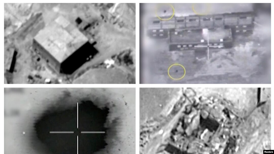 Kombinasi foto ini menunjukkan gambar yang diambil dari video yang dirilis 21 Maret 2018. Video tersebut menggambarkan serangan udara Israel di lokasi reaktor nuklir Suriah yang diduga dekat Deir al-Zor, 6 September 2007. Searah jarum jam (dari kiri atas, ke kanan): 1. Lokasi sebelum serangan 2. Lingkaran kuning yang menggambarkan bom selama serangan udara di situs 3. Sebuah ledakan saat berlangsungnya serangan udara 4. Puing-puing yang terlihat di lokasi tersebut pasca serangan.
