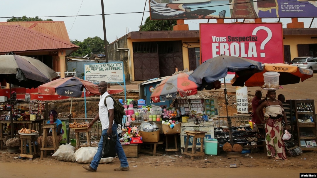 ARSIP – Sebuah papan iklan mendesak tindakan pencegahan untuk menanggulangi penyebaran Ebola yang terpampang di sebuah pasar di ibukota Guinea, Conakry, 3 Desember 2014 (foto: Dominic Chavez/Bank Dunia)