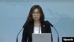 탈북자 지현아 씨가 타이완에서 열린 연례 국제종교포럼에서 북한의 종교박해 실상에 대해 연설하고 있다. 