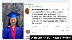 Sinh viên gốc Việt Phuc Bui Diem Nguyen và đoạn Twitter "xin lỗi" đã bị xoá của GS. Matthew Hubbard. Ảnh chụp màn hình Twitter Dion Lim - ABC7 News.