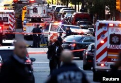A Home Depot truck which struck down multiple people on a bike path, killing several and injuring numerous others is seen as New York City first responders are at the crime scene in lower Manhattan in New York, NY, Oct. 31, 2017.