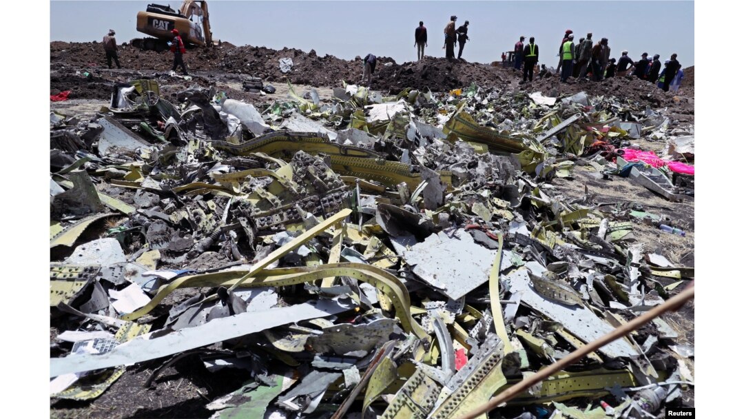 FILE - Wreckage is seen at the site of the Ethiopian Airlines plane crash, southeast of Addis Ababa, Ethiopia, March 11, 2019.