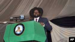 FILE - South Sudan President Salva Kiir voices his reservations before signing a peace deal in the capital Juba, South Sudan, Aug. 26, 2015. 
