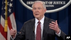 Attorney General Jeff Sessions speaks during a news conference at the Justice Department in Washington, March 2, 2017. Sessions said he will recuse himself from a federal investigation into Russian interference in the 2016 White House election.