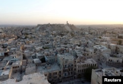 A general view taken with a drone shows the Old City of Aleppo and Aleppo's historic citadel, Syria, Oct. 12, 2016.