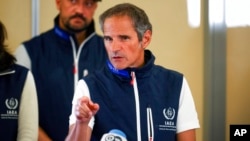 FILE - International Atomic Energy Agency Director General Rafael Mariano Grossi speaks at a news conference at Vienna Airport after his return from his mission at the nuclear power plant of Zaporizhzhia in Ukraine, Sept. 2, 2022.