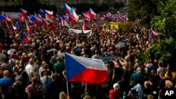 Thousands of demonstrators gather to protest against the government at Wencesla Square in Prague, Czech Republic, Sept. 3, 2022.