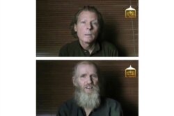 FILE - This photo combination image taken from video released June 21, 2017, by the Taliban spokesman Zabihullah Mujahid, shows kidnapped teachers Australian Timothy Weekes, top, and American Kevin King, who were both abducted by the insurgents.