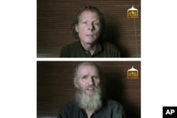 FILE - This photo combination image taken from video released June 21, 2017, by the Taliban spokesman Zabihullah Mujahid, shows kidnapped teachers Australian Timothy Weekes, top, and American Kevin King, who were both abducted by the insurgents.