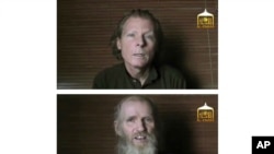 FILE - This two photo combination image taken from video released June 21, 2017, by the Taliban spokesman Zabihullah Mujahid, shows kidnapped teachers Australian Timothy Weekes, top, and American Kevin King, who were both abducted by the insurgents