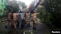 Polisi India dan warga setempat berusaha memindahkan pohon yang tumbang ke jalan akibat angin kencang di Chennai, India, Senin (12/12).
