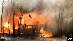 Sebuah truk terbakar di kota Lower Lake, California (14/8). Kebakaran hutan di California menghanguskan sekitar 6.000 hektar lahan dalam 12 jam (AP Photo/Josh Edelson)