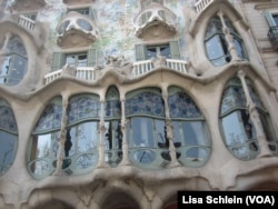 A close-up view of Casa Batllo's facade, which shows its skeletal quality, which has led locals to refer to the structure as House of Bones, in Barcelona.