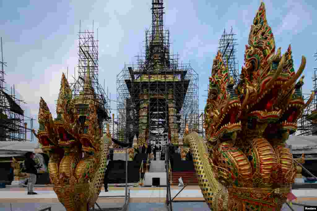 Deity sculptures that will be used at the Royal Crematorium for the late King Bhumibol Adulyadej are seen in Bangkok, Thailand, Sept. 21, 2017.
