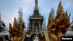 Deity sculptures that will be used at the Royal Crematorium for the late King Bhumibol Adulyadej are seen in Bangkok, Thailand, Sept. 21, 2017.