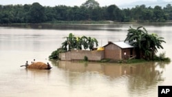 Indian villagers move in a country boat through a flooded village in Morigaon district of northeastern Assam state, India, Monday, Aug. 18, 2014.
