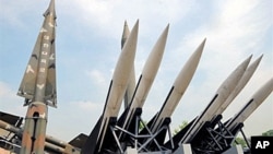 Replicas of North Korea's Scud-B missile, center, and South Korean missiles in Seoul, June 2010 (file photo).