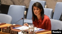 United States Ambassador to the United Nations Nikki Haley delivers remarks at the Security Council meeting on the situation in Syria at the United Nations Headquarters in New York, April 7, 2017. 