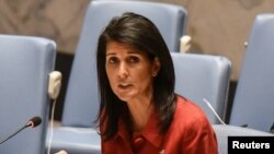 FILE - U.S. Ambassador to the United Nations Nikki Haley speaks at a Security Council meeting at U.N. headquarters in New York, April 7, 2017. 