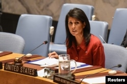 FILE - United States Ambassador to the United Nations Nikki Haley delivers remarks at a Security Council meeting at UN Headquarters, April 7, 2017.