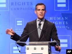 FILE - Los Angeles Mayor Eric Garcetti, shown delivering a speech in his city in March 2016, says President-elect Donald Trump has been "very supportive of our efforts to invest in infrastructure."
