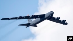 FILE - A U.S. Air Force B-52 strategic bomber flies near Lithuania, June 16, 2016. The U.S. flew B-52 bombers and other aircraft near South Korea during a joint air drill on Dec. 20, 2022.