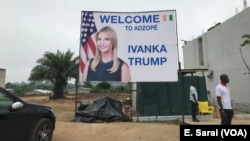 Signs greeted Ivanka Trump when she arrived in Adzopé, Ivory Coast, for her brief tour of a cocoa cooperative, April 17, 2019.