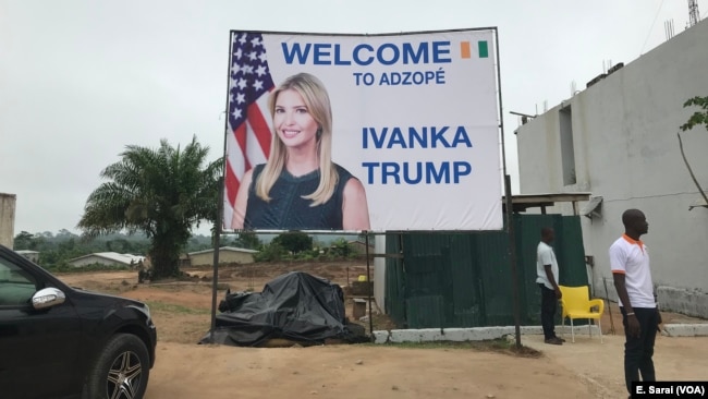 Signs greeted Ivanka Trump when she arrived in Adzopé, Ivory Coast, for her brief tour of a cocoa cooperative, April 17, 2019.