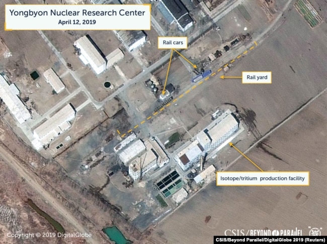 A view of what researchers of Beyond Parallel, a CSIS project, describe as specialized rail cars at the Yongbyon Nuclear Research Center in North Pyongan Province, North Korea, in this commercial satellite image taken April 12, 2019 and released April 16, 2019.