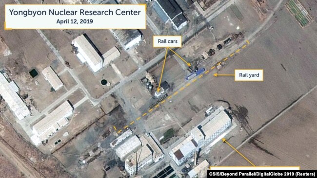 CSIS研究人员展示的2019年4月12日卫星图像显示的朝鲜北平安省宁边一个核研究中心。