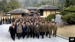 The delegates to the fourth Conference of the Workers' Party of Korea visit Mangyongdae, the birthplace of North Korea's founder Kim Il-Sung, in Pyongyang April 10, 2012 in this picture released by the North's KCNA, April 11, 2012.