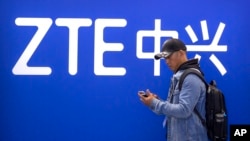 A man looks at his smartphone as he stands near a display for Chinese technology company ZTE at the PT Expo in Beijing on Oct. 31, 2019.