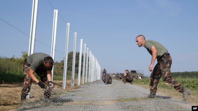 Soldados húngaros trabajan para construir una valla en la frontera con Croacia, el martes, 22 de septiembre de 2015.