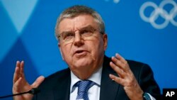 International Olympic Committee President Thomas Bach speaks at a news conference prior to the 2018 Winter Olympics in Pyeongchang, South Korea, Feb. 4, 2018. 