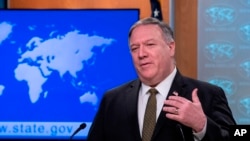 El secretario de Estado Mike Pompeo habla durante una conferencia de prensa en el Departamento de Estado. Foto de archivo.