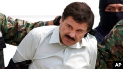 Dalam file foto 22 Februari 2014 ini, Joaquin "El Chapo" Guzman, kepala Kartel Sinaloa Meksiko, dikawal ke sebuah helikopter di Mexico City setelah penangkapannya di kota resor pantai Mazatlan. (Foto: AP / Eduardo Verdugo)