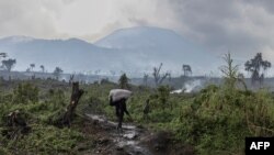 An internally displaced person (IDP) carries charcoal from the forest at the foot of Nyiragongo volcano in Virunga National Park, Jan. 13, 2023, to the market in Kibati.