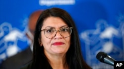 FILE - Rep. Rashida Tlaib, D-Mich., speaks during a news conference Feb. 18, 2022, in Detroit.