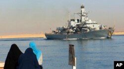 FILE - The British frigate HMS Portland heads through the Suez canal, in Ismailia, Egypt, Dec. 3, 2008. 
