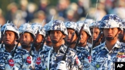 FILE - Soldiers attend a ceremony marking Myanmar's 75th anniversary of Independence Day in Naypyitaw, Myanmar, Jan. 4, 2023. 