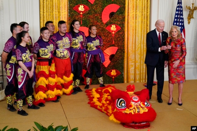 FILE - U.S. President Joe Biden and first lady Jill Biden speak during a reception to celebrate the Lunar New Year in the East Room of the White House in Washington on Jan. 26, 2023.