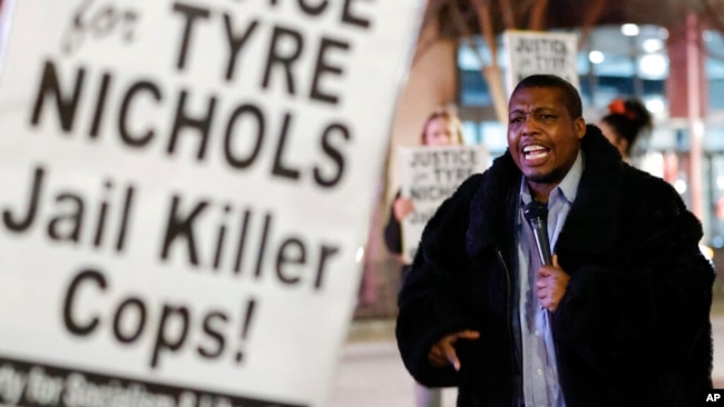 Raymond Washington speaks during a protest over the death of Tyre Nichols, Jan. 27, 2023, in Atlanta.